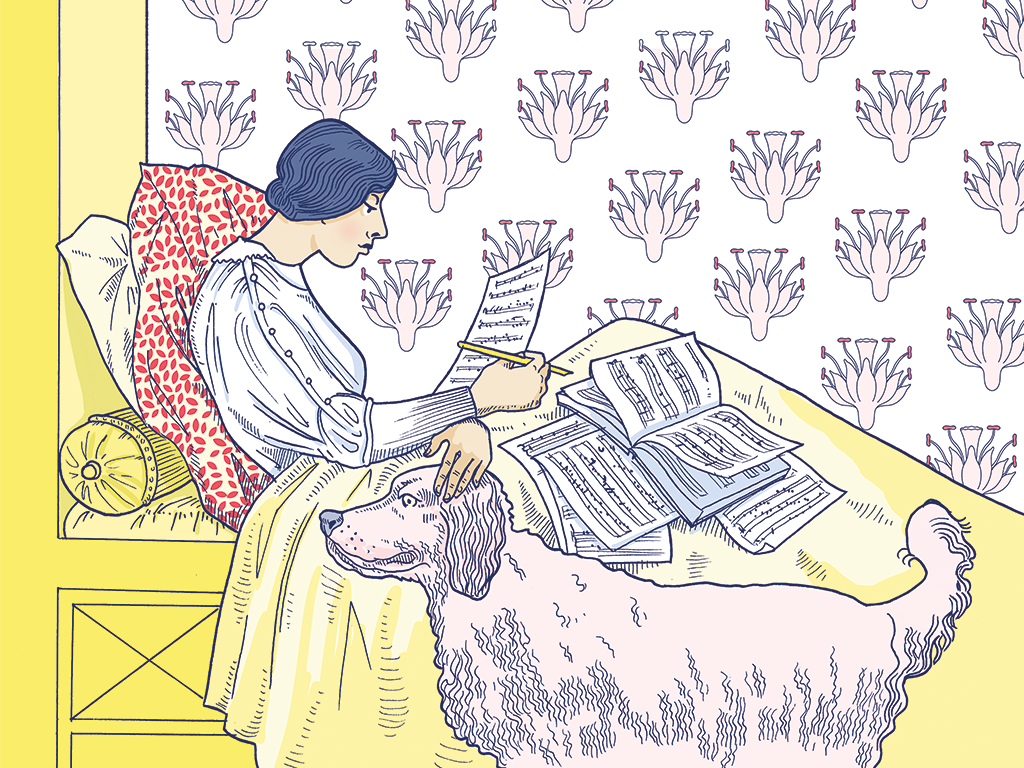 Ceci est une illustration de Lorène Gaydon. Nous y découvrons compositrice en train d'écriture une partition sur son lit.