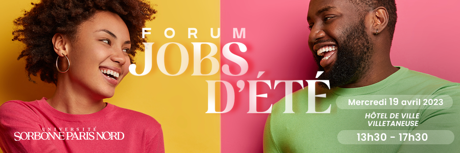 Affiche de l'événement "Forum Jobs d’été" organisé par la Municipalité de Villetaneuse, le mercredi 19 avril 2023 de 13h30 à 17h30.